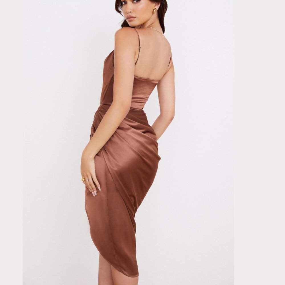 House of CB Copper-Brown Satin Cowl Midi Dress - Picture 4 of 13